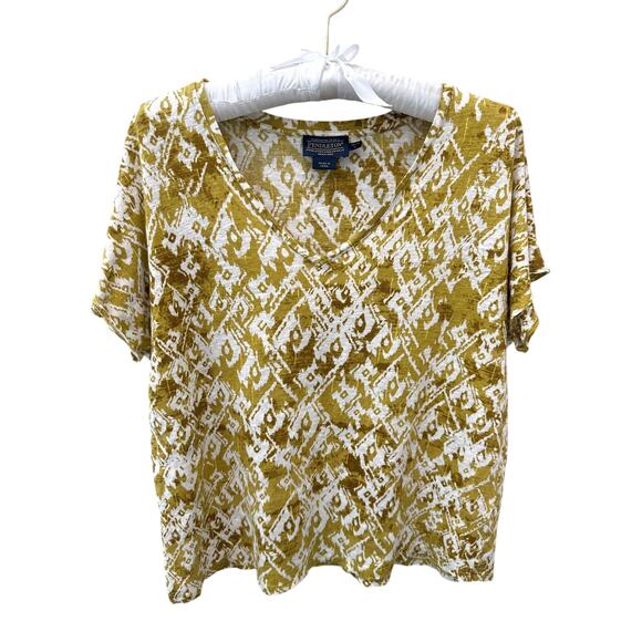 Pendleton Tops - PENDLETON | Yellow Ikat Petite Linen V-Neck Top Boho Summer | Large